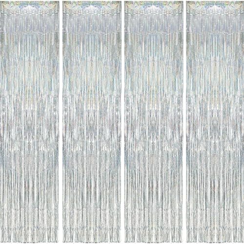 DEUXYU Lametta Vorhang Silber, 4 STK 1x2m Funkeln Metallische Lametta Vorhang, Folienfransen Vorhang zum deko Party, Geburtstage, Disco, Weihnachten, Party Lametta Vorhang