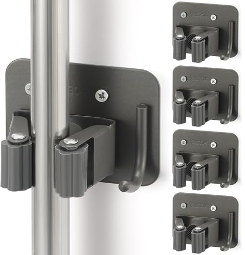 KLEBV Broom Holder Wall Mount Screw Drilling, Sturdy Heavy Duty Stainless Steel Mop Gripper Rack Perforated, Perfect for Laundry Room Organizer, Fit with Laundry Kitchen Garage Garden Storage System