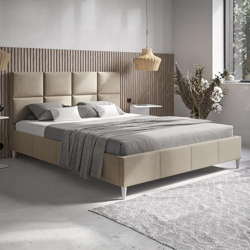 MOTIVENA Aria Polsterbett 180x200 mit Füßen, Bett 180x200 mit lattenrost, Polsterbett 180x200 ohne Bettkasten, Polsterbett 180x200 Samt, mit Kopfteil, ohne Matratze, Beige
