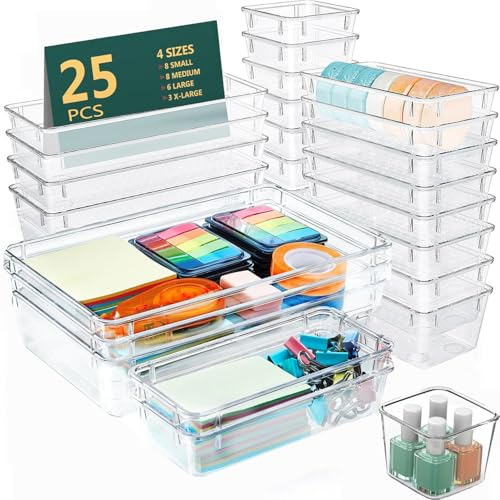 Yalixuan 25 Pcs Clear Drawer Organiser,4-Size Vanity Drawer Organizer Trays | Versatile Bathroom Drawer Organizer Trays for Cosmetics,Jewelry,Dressers,Kitchen Utensils,Office Desks,bathroom accessories