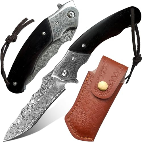 BFYLIN Damast Taschenmesser Klappmesser, VG10 Damaststahl Outdoor Taschenmesser, Damastmesser Holzgriff Messer Mit Lederscheide für Camping Outdoor Fishing Survival Messer (B)