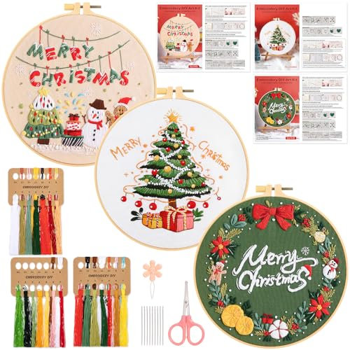 JSRQT 3 Stücke Christmas Beginner Embroidery Kits,Weihnachten Stickerei Starter Kit,DIY Handgemachte Kreuzstich Set,Embroidery Cross Stitch Starter Kit für Anfänger