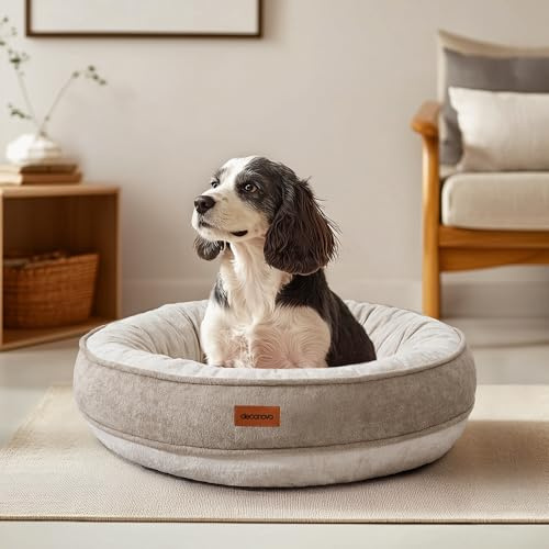 Deconovo Hundebett Flauschig Rund orthopädisches Hundekissen Ø 61 cm Donut Kissen Katzenkissen Rund Hundekorb Waschbar Hundesofa für mittelgroße Hunde, 61x61x15cm, Khaki