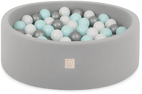 MISIOO Smart bollbad – barn för babyrum – 200 bollar – leksak – maskintvättbar – Öko-Tex – 90 x 30 cm – ljusgrå – mint/silver/vit