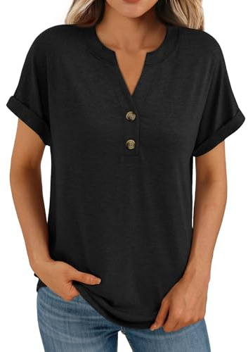 AUTOMET Women's Short Sleeve Shirts Henley Dressy Casual Summer Tops 2026 Spring Fashion Blouses Trendy Cute T-Shirts Business Work Outfits Clothes Black XL