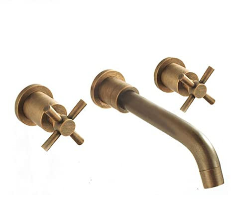 Robinet de lavabo de salle de bain, vintage de style antique en laiton double manche mur de salle de bain robinet chaud et froid robinet