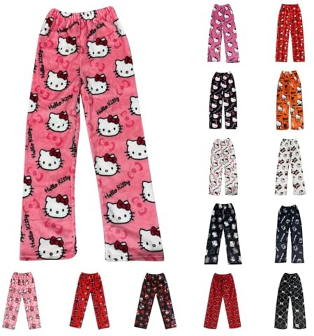 Générique Bas de Pyjama Femme Polaire, Pantalon Pyjama Femme Flanelle Chaud et Doux Confort Imprimé de Cartoon Chat Anime Kawaii Mode Décontracté Vêtements de Nuit Pantalons pour Maison Lounge Cadeau