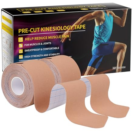 Dimora Kinesiology Tape 5 cm x 5 m, 40 Count Precut Strips 2 Rolls, Original Cotton, Elastic Athletic Tape for Muscle Pain Relief and Joint Support, Beige