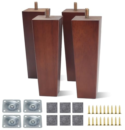 AWBEOT 4 Piedini per Mobili in Legno da 15 cm, Gambe per Mobili in Legno, Gambe Quadrate, Gamb di Ricambio per Divano,con Piastra di Montaggio,Pad Antiscivolo,Viti,per Tavolo,Letto,Armadio,colore noce