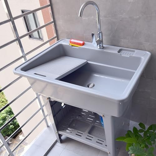 Lavello da Esterno Autoportante,Lavabo da Esterno in Plastica,Mobile Lavandino Lavanderia,Portatile Lavelli di Utilità con Rubinetto e Tubo Flessibile,per Cucina,Campeggio,Giardino(Gray,80x58x80cm)