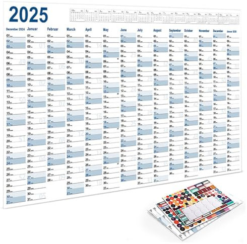 XXL Kalender 2025 Wandkalender 2025 Groß (74.2 x 52.5 cm) gefaltet in Poster Größe, Jahreskalender 2025, Jahresplaner, Wandplaner, Plakatkalender, Wall Calendar, Blau