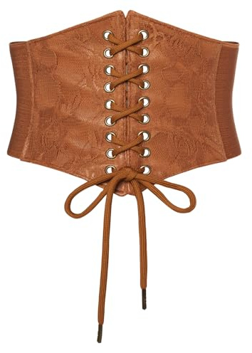 Damen Steampunk Gürtel Lace up vorne Elastischer Bund Cosplay Breiter Gürtel Braun mit Spitze S