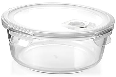 H&H Récipient en verre rond avec couvercle et valve - 970 ml - Diamètre 18 cm - Pour four, micro-ondes, lave-vaisselle - Avec joint en silicone hermétique