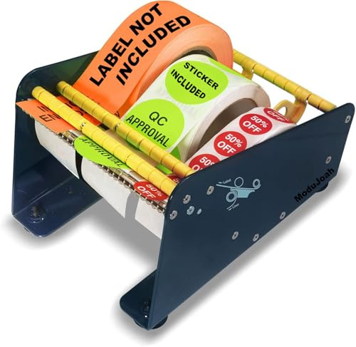 MDJ by Excell Manual Metal Label Sticker Dispenser with 4 Suction Cups Base for Tabletop, Adjustable Holder for Multiple Rolls for Office, Home, Warehouse, Easy Peel Off, Fits up to 6.5 Wide Labels