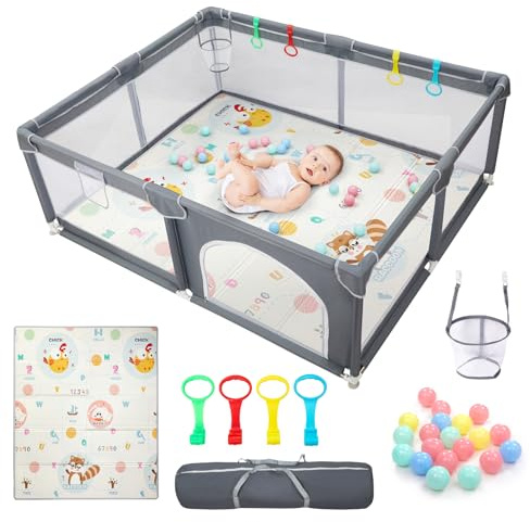CHOLY Laufstall Baby mit Matratze 180x150 cm, Laufgitter für Babys und Kleinkinder mit sichtbarem atmungsaktivem Netz Schaumstoffschutz, Extra großer Spielplatz innen und außen (Rabbit)