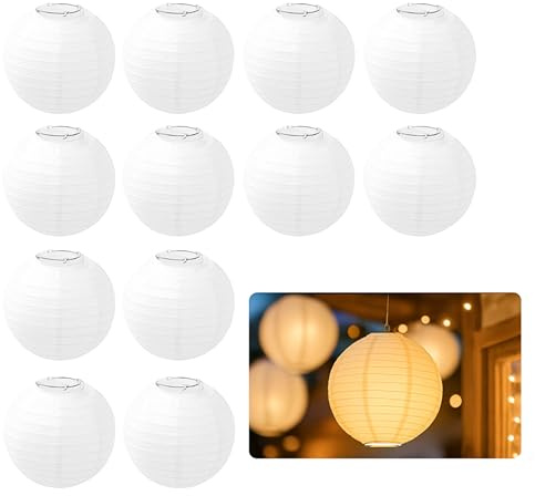 VYNZOR 12 Stück Mini Laternen Weiß Rund 7,5 cm – Kleine Stofflaternen Als Hängende Deko Für Innen & Außen, Garten, Balkon, Hochzeit, Geburtstag, Weihnachten & Halloween