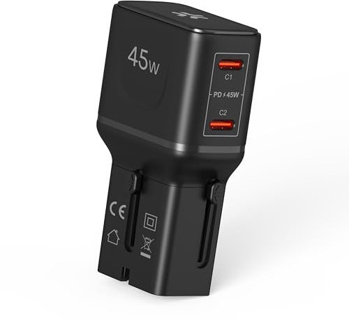 Celly 45 W universell reseadapter med dubbla USB-C-portar, kompatibel i 150+ länder, snabb laddning, smal och säker design
