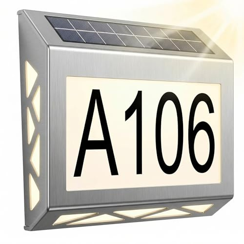 Lampe solaire pour numéro de maison, numéro de maison éclairé solaire 8 LED, numéro de maison éclairé avec éclairage LED en acier inoxydable IPX5, détection automatique jour et nuit, 10 lumens