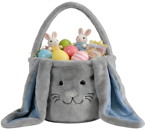 KEGOZ Plush Easter Basket, Bunny Easter Buckets, Easter Gift Bags & Tote Bags for Kids Presents Easter Egg Decorations Candy (Grey)