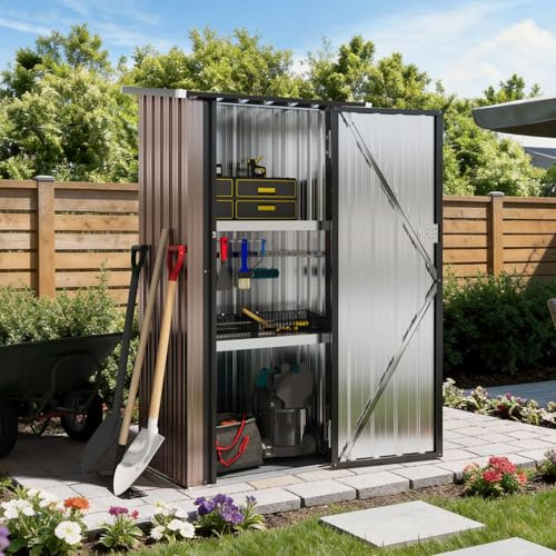 Aoxun Metall-Gerätehaus 88×54×164cm mit 2 verstellbaren Regalböden, Kleiner abschließbarer Werkzeugschrank für Garten, Terrasse & Hof, Braun