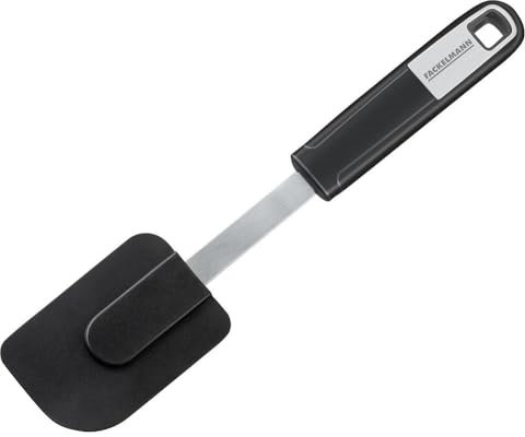 FACKELMANN Teigschaber 26 cm Sense, praktischer Teigspatel für beschichtete Koch-, Backutensilien, mit rutschfestem Soft-Touch-Griff (Farbe: Silber/Schwarz), Menge: 1 Stück