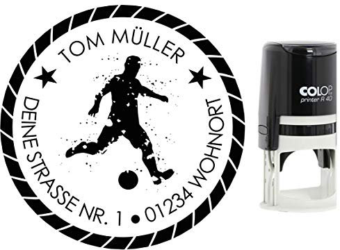 Adressstempel Fußball Rund mit Name Straße und Ort, verschiedene Motive, Colop mit integriertem Stempelkissen