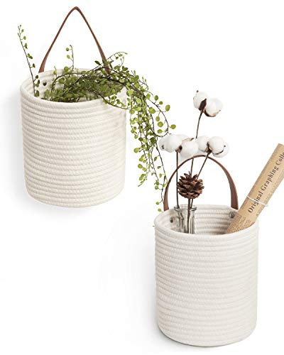 Goodpick 2pack Rope Hanging Basket - Small Round Hanging Baskets Storage for Key, Sunglasses, Wallet on Door - Modern Woven Baskets Wall Decor for Plant, White Cotton Basket 7.87 x 7 x 11.7 inches