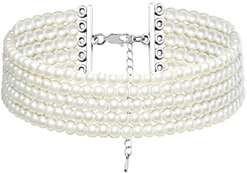 BABEYOND 1920s Damen Halskette Kurz Multi Schichte Choker Kette Hochzeit Braut Schmuck Accessoires Imitation Perlen Kette Elegant Retro Stil Fasching Kostüm Zubehör (Stil 2-5 Schichten)