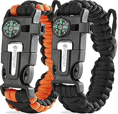 aZengear Braccialetto sopravvivenza in paracord (2 Pezzi) │ Accendifuoco in selce e acciaio, fischietto, bussola, fascia regolabile per campeggio, bushcraft, kit di emergenza (nero e arancione)