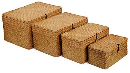 Rattankorb Aufbewahrungskorb aus Seegras, Natürlicher Geflochten Korb mit Deckel, Rechteckige Weidenkorb Aufbewahrungsbox, 4er Set