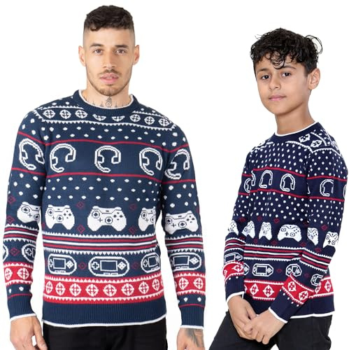 NOROZE Homme Garçon Jeux Pull Unisexe Noël Joueur Rétro Chandail Famille Correspondant à Papa Fils Pullover Pull-Over Haut (11-12 Ans, Casque de Musique Manette Rouge)