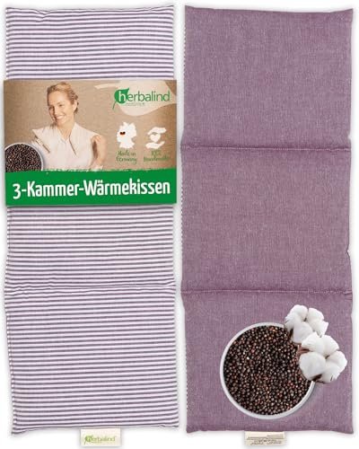 HERBALIND 3-Kammer Körnerkissen Aroma Wärmekissen Lavendelkissen - für Bauch 50x20 cm in Streifen/lila - 100% Baumwolle OEKO TEX Rapsskissen mit getrockneten Lavendelblüten Mikrowelle geeignet