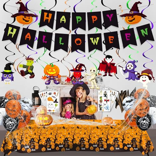 LINAYE Halloween Party Kinderparty Deko Dekoration Set - Girlande,Hängende Spiralen,Luftballon,Tischdecke,Kindertattoo,Spinnennetz für Wohnung Halloween Deko Mädchen Jungen