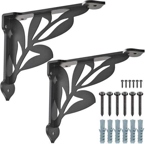 SELEWARE Heavy Duty Shelf Brackets 8 Inch, Branch Shelves Brackets, 300LB Capacity Decorative Metal L Brackets for Floating Shelves, Black Rustic Wall Mount Shelving Bracket with Screws, 2 Pack