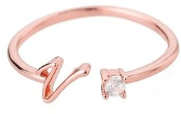 Bungsa Buchstaben Ring roségold Zirkonia-Kristall aus Metall - biegbarer Fingerring/Zehenring Toering für Damen, Kinder & Herren - V