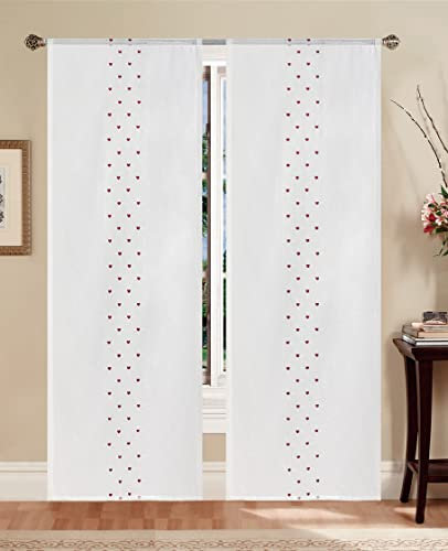 Home Tresor - Coppia Tende a Vetro Ricamate con Piccoli Cuoricini, Tendine Finestra Shabby Chic per Interni, Semitrasparenti, 2 Pannelli mod. Ary B2 (Beige, 2 Tende cm. 60x150)