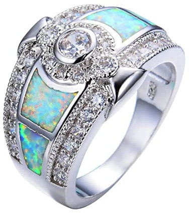BIOLIVING Boho Männlich Weiblich Weiß/blau Opal Stein Ring Mit AAA Zirkon Modeschmuck Vintage Eheringe Für Männer Und Frauen