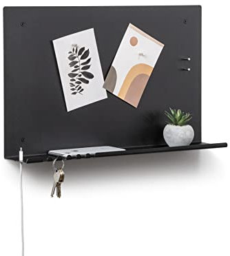 Magnettafel mit Magneten, Schlüssel-Organizer, Telefonregal mit Halterung für Kabel, 49 x 30 cm, Farbe Schwarz