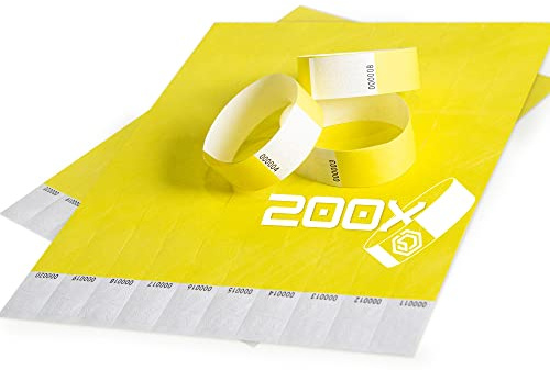 Docksnet Braccialetti Carta Eventi Numerati, Resistenti e Personalizzabili - Bracciali Colorati Identificativi, Monouso e Impermeabili per Discoteche, Festival e Piscine (200 Pezzi, Giallo)