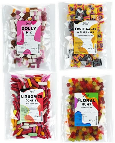 Just Treats Sweet Quartet - Fruit Salad & Black Jack Chews, Squirrel Floral Gums, Liquorice Comfits, Dolly Mixture (4 x 175g Bags) - 7,13,22,26