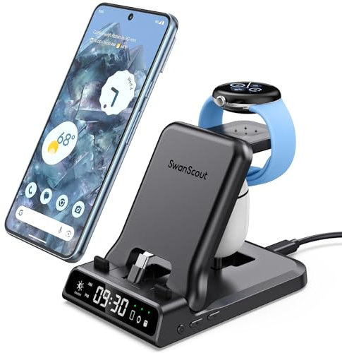 Estación de Carga 3 en 1 para Google Pixel Watch 3/2, 25W Cargador Rápido para Pixel 10 Pro/10 Pro XL/10/9/8a/8/8 Pro/7A/7/7 Pro/6/5/4, Pixel Buds Pro 2/2a, SwanScout 701G2, (Not for Pixel Watch 4/1)