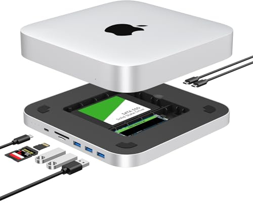 Base para Mac Mini, concentrador USB C con doble carcasa SSD, se adapta a SSD M.2 NVMe/SATA y SSD de 2.5 pulgadas, USB-C de 10 Gbps, lectores de tarjetas SD/TF, estación de acoplamiento para Mac Mini