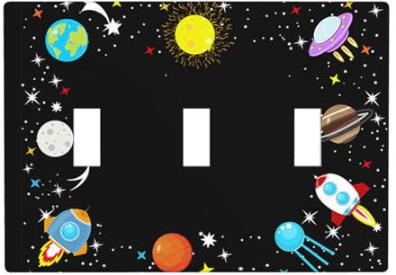 Moslion Sun Moon Earth Planets Triple Gang Toggle Covers Outer Space Galaxy Universe Rocket Stars Wall Plate Switch Plug Faceplate Home Decor Bedroom Bathroom