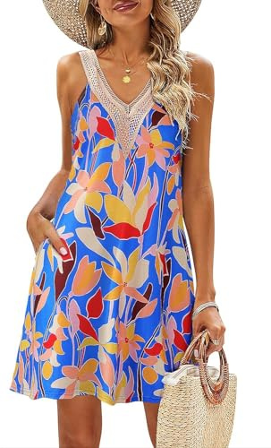 ROFUSSO Robes D'été Bohèmes pour Femmes Robe Mini de Plage à Imprimé Floral et Encolure en V Robes Décontractées sans Manches