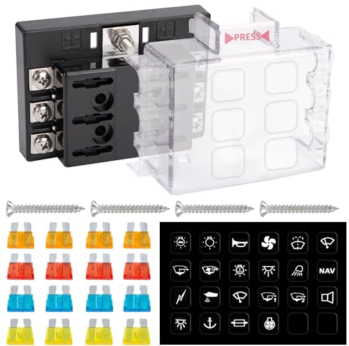 GUNGY Sicherungshalter 12 Volt KFZ Sicherungskasten 6 Fach Sicherungshalter Flachsicherung mit 16Pcs Sicherungen und Etiketten für Auto Wohnmobil Boot