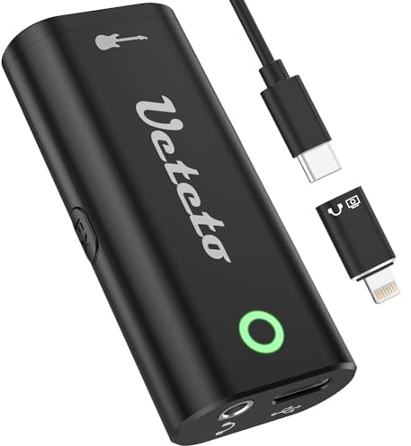Ueteto Interfaz de audio para guitarra, tarjeta de sonido de grabación interna portátil para transmisión en vivo para iPhone, iPad y teléfonos inteligentes y tabletas Android, no necesita controlador