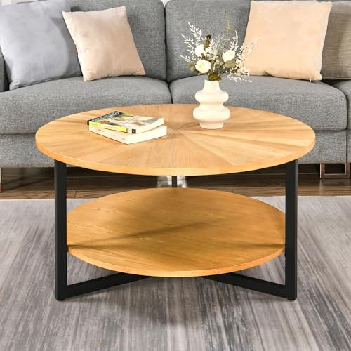 PADMA HOUSE Runder Couchtisch aus massivem Holz, Wohnzimmertisch Sofatisch Metallgestell, 2-stöckiger Kaffeetisch Loungetisch, Einfacher Aufbau für Wohnzimmer (Naturholz)