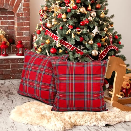 PEUTIER 2 Uds Fundas de Almohada Navideñas, Felpa Corta Fundas de Almohada a Cuadros Estilo Escocés Fundas de Cojín Navideñas para Decoración del Hogar