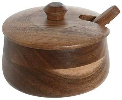 RusticHome Azucarero de Acacia Natural Con Tapadera y Cuchara de Acacia Natural/Azucarero Para Cocina de Acacia Natural/Recipiente Para Azúcar Con Tapadera y Cuchara 9,5 x 9,5 x 7,5 cm
