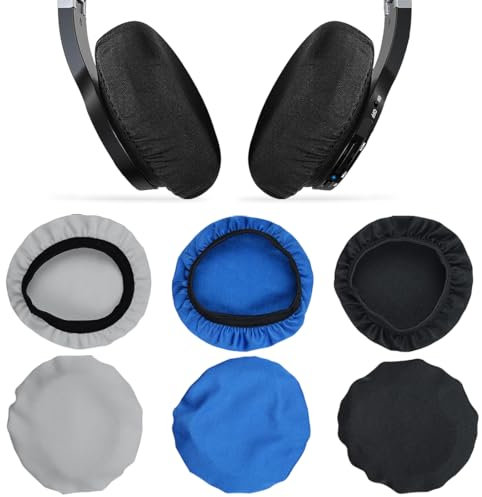 6 Piezas Almohadillas Auriculares, Fundas de Tela Flexibles para Auriculares, Fundas Elásticas Lavables para Auriculares, Fundas para Sudor de Auriculares, para Gimnasio, Juegos (Negro+Gris+Azul)